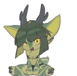 1girl animal_ears animal_feet animal_hands animated antlers barefoot between_legs bikini black_bikini blunt_bangs body_fur breasts claws deer_ears deer_girl deer_tail feet female_focus full_body furry furry_female green_fur green_hair hand_between_legs happy highres horns live2d looking_at_viewer looping_animation navel neck_fur open_mouth original own_hands_together pawpads sidelocks simple_background sitting small_breasts smile solo spread_legs stomach swimsuit tail teeth two-tone_fur v_arms video white_background yellow_eyes yuio58ok