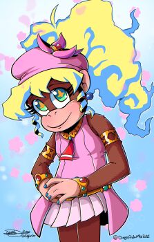 Rule 34 | 1girl, absurdres, armlet, beret, blonde hair, blue background, blue hair, bracelet, chimpanzee, cosplay, cowboy shot, diegoandsmtz, dixie kong, donkey kong (series), earrings, facing viewer, green eyes, hat, highres, jewelry, long hair, multicolored hair, nail polish, necklace, nia teppelin, nia teppelin (cosplay), nintendo, pleated skirt, ponytail, skirt, smile, solo, symbol-shaped pupils, tengen toppa gurren lagann, two-tone hair, yellow pupils