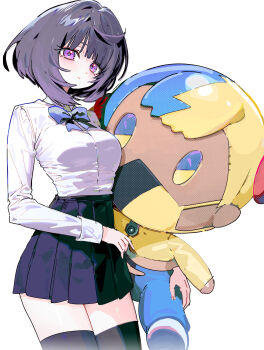 1girl 5oh5s2 alternate_costume black_skirt black_thighhighs blue_bow blue_bowtie bob_cut bow bowtie breasts canari_plush_(pokemon) character_doll doll eyelashes gwynn_(pokemon) highres holding holding_stuffed_toy long_sleeves looking_at_viewer nintendo pleated_skirt pokemon pokemon_legends:_z-a purple_eyes purple_hair shirt short_hair skirt solo stuffed_animal stuffed_toy thighhighs white_background white_shirt