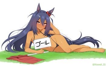 1girl absurdres alternate_costume animal_ears barefoot bikini black_bikini black_hair blush commentary_request dark-skinned_female dark_skin ear_ornament ear_scrunchie flag full_body groin hair_between_eyes hair_ornament hairclip highres hishi_amazon_(umamusume) horse_ears horse_girl horse_tail legs long_hair looking_at_viewer lying micro_bikini navel on_grass on_side partial_commentary red_eyes roswell_ss sign sign_around_neck simple_background solo stomach swimsuit tail twitter_username umamusume v-shaped_eyebrows very_long_hair white_background