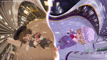 Rule 34 | 2girls, absurdres, black capelet, black hat, black skirt, blonde hair, book, bow, brown hair, capelet, chinese commentary, chinese text, closed eyes, commentary request, dress, hannsu, hat, hat bow, highres, holding, holding book, long sleeves, maribel hearn, mob cap, multiple girls, open mouth, passport, purple dress, shirt, shirt tucked in, skirt, smile, socks, split theme, tearing up, touhou, translation request, usami renko, white bow, white hat, white shirt, white socks