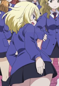 1girl animated animated_gif annoyed ass blonde_hair blue_eyes breasts character_request crowd girls_und_panzer legs looking_back miniskirt open_mouth oshida_(girls_und_panzer) school_uniform short_hair sideboob skirt small_breasts spanking_self thighs
