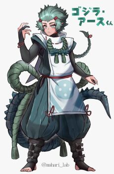 1boy absurdres apron bodysuit braid braided_ponytail bridal_gauntlets cosplay godzilla godzilla:_planet_of_the_monsters godzilla_(cosplay) godzilla_(series) godzilla_earth green_eyes green_hair heel-less_legwear highres humanization japanese_text kaiju looking_at_viewer mahari_lab monster monster_boy personification polygon_pictures ponytail simple_background slit_pupils spikes stinger tail tail_blade toeless_legwear toes toho white_background