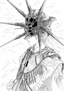 1boy 913kousatu absurdres closed_mouth commentary_request dark_souls_(series) dark_souls_i dark_sun_gwyndolin expressionless greyscale helmet highres jewelry looking_afar male_focus monochrome necklace robe short_hair solo upper_body