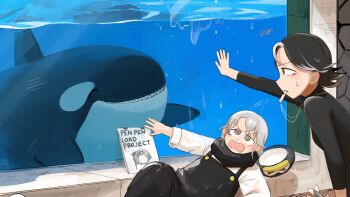 2girls @_@ ^_^ absurdres aquarium bird black_hair black_overalls black_scarf black_wetsuit bodysuit closed_eyes commentary diva_(hyxpk) diving_suit donut_stamp drooling duck english_commentary fish grey_hair hat highres mouth_drool multicolored_hair multiple_girls open_mouth orca orca_keeper_(diva) overalls penguin_hat penguin_keeper_(diva) reflection scarf shirt short_hair sign slice_of_life springsuit streaked_hair two-tone_hair typo unworn_hat unworn_headwear v-shaped_eyebrows wet wet_clothes wetsuit whistle whistle_around_neck white_hair white_shirt zoo zookeeper zookeepers_(diva)