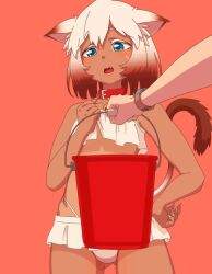 1girl 1other animal_collar animal_ear_fluff animal_ears animated ass bell bikini blue_eyes breasts brown_hair bucket bucket_of_water cat_bell cat_collar cat_ears cat_tail collar cowboy_shot dark-skinned_female dark_skin embarrassed fxx gluteal_fold gradient_hair green_eyes highleg highleg_panties highleg_swimsuit kicking legs_apart loli lowres microskirt multicolored_hair navel neck_bell nipple_slip nipples no_bra one-piece_tan panties red_background short_hair simple_background skirt small_breasts swimsuit tagme tail tan tanline tareme topless underwear video wet white_hair