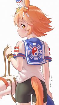 +_+ 1girl absurdres animal_ears ass bare_shoulders bead_bracelet beads bike_shorts blue_sailor_collar bracelet closed_mouth clothing_cutout clover_hair_ornament commentary_request cowboy_shot daruma_doll dated ear_covers flipped_hair four-leaf_clover_hair_ornament from_behind hair_ornament highres holding holding_unworn_clothes holding_unworn_skirt horse_ears horse_girl horse_tail jewelry looking_at_viewer looking_back maneki-neko matikanefukukitaru_(umamusume) orange_hair ruinone sailor_collar school_uniform serafuku shirt short_hair shoulder_cutout simple_background single_ear_cover skirt solo sweat tail twitter_username umamusume unworn_skirt white_background white_shirt yellow_eyes