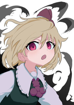 1girl :o absurdres ascot black_vest blonde_hair bow darkness guminemi hair_bow highres looking_at_viewer open_mouth red_ascot red_bow red_eyes rumia shirt short_hair solo touhou upper_body vest white_background white_shirt
