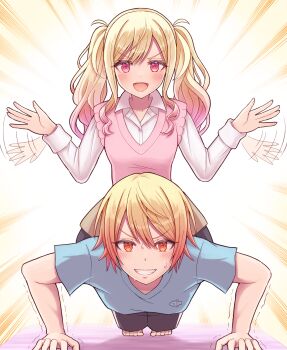 1boy 1girl absurdres blonde_hair blue_shirt brother_and_sister clenched_teeth collared_shirt commentary_request exercising fish flapping gradient_hair highres kitaete_fly!_muscle_training!_(project_sekai) long_hair long_sleeves looking_at_viewer meemen multicolored_hair open_mouth orange_eyes orange_hair outstretched_hand pink_eyes pink_hair project_sekai push-ups shirt short_hair short_sleeves siblings sidelocks sitting sitting_on_person smile sweat teeth tenma_saki tenma_tsukasa twintails two-tone_hair