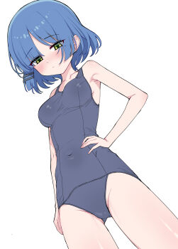 Rule 34 | 1girl, absurdres, alternate costume, blue hair, blush, bocchi the rock!, breasts, commentary, covered navel, cowboy shot, dutch angle, earrings, expressionless, eyes visible through hair, from below, hair ornament, hair over eyes, hairclip, half-closed eyes, hand on own hip, highres, jewelry, korean commentary, medium breasts, metaljelly, mole, mole under eye, old school swimsuit, parallel hairclips, parted bangs, pensive, school swimsuit, short hair, simple background, solo, swimsuit, white background, yamada ryo, yellow eyes