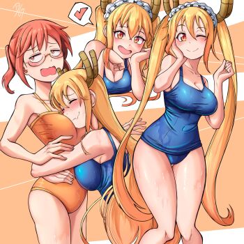 2girls absurdres between_breasts blonde_hair blue_one-piece_swimsuit blush breasts choppy_bangs cleavage closed_eyes commentary dilan_griz dragon_girl dragon_horns english_commentary face_between_breasts fang glasses head_between_breasts heart highres horns hug kobayashi-san_chi_no_maidragon kobayashi_(maidragon) large_breasts long_hair looking_at_viewer looking_to_the_side multiple_girls multiple_views one-piece_swimsuit one_eye_closed open_mouth orange_background orange_eyes red_hair short_hair small_breasts smile speech_bubble spoken_heart swimsuit tohru_(maidragon) yuri