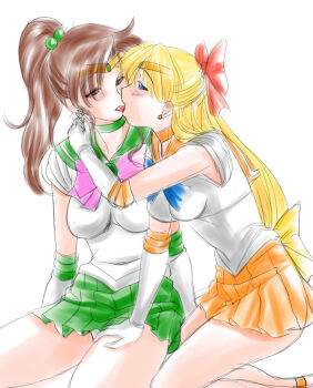 Rule 34 | 2girls, aino minako, bishoujo senshi sailor moon, blonde hair, blue eyes, breasts, brown hair, french kiss, gab dango, gloves, hug, kino makoto, kiss, leotard, leotard peek, long hair, magical girl, miniskirt, multiple girls, sailor jupiter, sailor venus, short sleeves, skirt, very long hair, white background, yuri