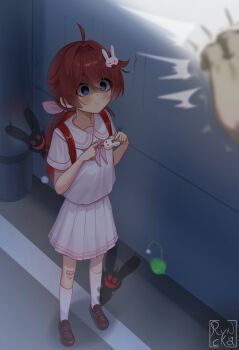 1girl 1other :| absurdres annoyed artist_name blue_eyes blush brown_shoes closed_mouth crime_prevention_buzzer dot_nose expressionless eyebrows_hidden_by_hair from_above full_body hands_up highres loli long_hair looking_at_another low_twintails neckerchief original outdoors pink_neckerchief pink_shirt pink_skirt red_hair ryncka shirt shoes short_sleeves skirt socks solo_focus standing twintails two-tone_shirt two-tone_skirt white_shirt white_skirt white_socks yandere