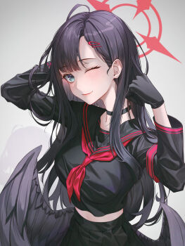 1girl ;) absurdres armband black_choker black_gloves black_hair black_serafuku black_shirt black_skirt black_wings blue_archive blue_eyes blush choker commentary eichi_(skskdi12z) gloves hair_ornament hairclip halo highres ichika_(blue_archive) long_hair long_sleeves looking_at_viewer low_wings one_eye_closed red_armband red_halo school_uniform serafuku shirt simple_background skirt smile solo wings