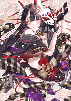 Rule 34 | 1girl, absurdres, aee 020817, animal ear fluff, animal ears, black gloves, black hair, black kimono, black nails, blue archive, blush, breasts, cherry blossoms, chest sarashi, fishnet thighhighs, fishnets, fox ears, fox girl, fox mask, gloves, heart, heart-shaped pupils, highres, holding, holding mask, japanese clothes, kimono, long hair, makeup, mask, navel, open clothes, open kimono, open mouth, sarashi, single thighhigh, solo, symbol-shaped pupils, thigh strap, thighhighs, wakamo (blue archive)