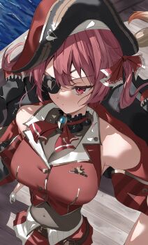 Rule 34 | 1girl, absurdres, ascot, black choker, black coat, black hat, black leotard, breasts, choker, cleavage, closed mouth, coat, commentary request, cropped jacket, eyepatch, frilled choker, frills, hair ribbon, hat, highres, hololive, houshou marine, houshou marine (1st costume), jacket, large breasts, leotard, leotard under clothes, long hair, looking at viewer, navel, nekoshima kaede, pirate hat, red ascot, red eyes, red jacket, red ribbon, red skirt, ribbon, skirt, sleeveless, sleeveless jacket, solo, twintails, virtual youtuber