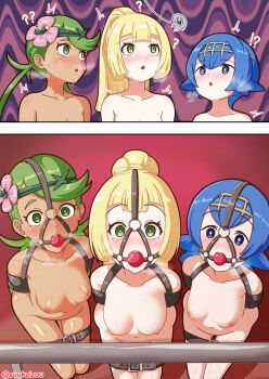 !? 3girls ? absurdres arms_behind_back artist_name ball_gag bdsm before_and_after belt blonde_hair blue_eyes blue_hair blush bondage bound bound_arms breasts collarbone completely_nude female_focus flower gag gag_harness gagged green_eyes green_hair hair_flower hair_ornament harness heart heart-shaped_pupils high_ponytail highres huge_filesize hypnosis kneeling lana_(pokemon) leaning_forward lillie_(pokemon) loli long_hair looking_at_viewer mallow_(pokemon) matching_hair/eyes mind_control multiple_girls multiple_views nintendo nipples nude open_mouth oyu_(suukaizou) paid_reward_available pendulum pokemon pokemon_sm ponytail saliva shiny_skin short_hair sidelocks simple_background small_breasts sweat symbol-shaped_pupils tan teeth twintails upper_teeth_only
