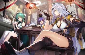 3girls ahoge animal animal_on_head bare_shoulders belle_(delicate_sunlight)_(zenless_zone_zero) belle_(zenless_zone_zero) bird bird_on_head black_unitard blue_hair breasts bun_cover ceiling_light chair commentary crossed_bangs crossed_legs cup drinking_glass elbow_gloves from_below gloves green_eyes green_hair high-waist_shorts highres holding holding_cup holding_smoking_pipe indoors jacket large_breasts long_hair mandarin_collar multiple_girls official_alternate_costume on_head open_mouth qingyi_(zenless_zone_zero) short_hair shorts single_elbow_glove single_hair_intake sitting skirt smoking_pipe sunnillust table teapot thigh_strap very_long_hair yellow_eyes yellow_jacket yin_yang_pin yixuan_(zenless_zone_zero) zenless_zone_zero