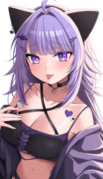 1girl absurdres ahoge animal_ears black_choker black_shirt breasts cat_ears choker cleavage closed_mouth commentary fake_animal_ears hair_ornament hairpin halterneck hand_on_own_chest highres hololive large_breasts long_hair nekomata_okayu nekomata_okayu_(gyaru) o-ring o-ring_choker official_alternate_costume official_alternate_hair_length official_alternate_hairstyle purple_hair shirt tenpa_illust tongue tongue_out very_long_hair virtual_youtuber