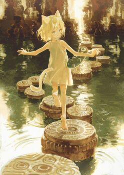 1girl animal_ears bare_arms bare_legs bare_shoulders barefoot blob cat_ears cat_girl cat_tail creature creature_on_arm full_body highres long_shirt looking_at_viewer looking_back original popepopo999 shirt short_hair sleeveless sleeveless_shirt smile stepping_stones tail water white_hair white_shirt