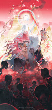 1boy 1girl absurdres anklet barefoot bead_bracelet beads bird blonde_hair blue_ribbon bracelet braid branch brown_pants character_request chest_tattoo chinese_text closed_mouth cloud coat commission drum drumsticks earrings expressionless fate/grand_order fate_(series) field floating_hair flower flower_field fur_trim gilgamesh_(fate) goat_horns grin hand_up highres holding holding_drumsticks holding_polearm holding_weapon horns instrument jewelry leaf long_hair long_sleeves looking_at_viewer mask necklace pants pectorals pink_flower pink_hair polearm red_eyes red_flower red_ribbon red_sky ribbon sitting skeleton skull skull_on_head sky smile spear spider_lily spread_legs star_(sky) swallow_(bird) tattoo watermark weapon white_bird white_coat wind yellow_eyes yellow_ribbon zi