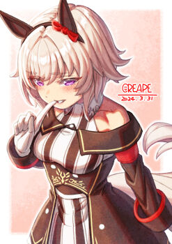 1girl animal_ears bare_shoulders blush bow breasts coat collarbone commentary_request creape curren_chan_(fille_eclair)_(umamusume) curren_chan_(umamusume) dress ear_bow ear_covers gloves grey_hair hair_between_eyes highres horse_ears horse_girl horse_tail long_sleeves medium_breasts off-shoulder_coat off-shoulder_dress off-shoulder_jacket off_shoulder open_mouth purple_eyes red_bow short_hair smile solo striped_clothes striped_dress tail umamusume vertical-striped_clothes vertical-striped_dress white_gloves
