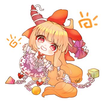 1girl ahoge blue_overskirt blue_skirt blunt_bangs bow chain chibi chibi_only commentary cube cuffs footwear_bow frilled_wristband full_body grin hair_bow highres horns htk_mikan ibuki_suika long_hair looking_at_viewer low-tied_long_hair neck_ribbon oni orange_hair orb outstretched_arms pyramid_(geometry) red_bow red_ribbon ribbon shackles shirt skirt sleeveless sleeveless_shirt smile socks solo symbol-only_commentary touhou very_long_hair white_shirt white_socks