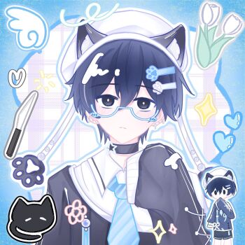 Rule 34 | 1boy, adapted costume, animal, animal ear fluff, animal ears, animal hat, arm at side, bespectacled, black cat, black choker, black eyes, black hair, black sweater, blue border, blue necktie, blush, border, bright pupils, cat, cat ears, cat hat, chibi, chibi inset, choker, closed mouth, collared shirt, commentary, cross, cross earrings, double-parted bangs, earrings, expressionless, fake animal ears, flower, glasses, hair between eyes, hair ornament, hand up, hat, heart, highres, jewelry, knife, long sleeves, looking at viewer, male focus, mewo, mohan776458461, necktie, omori, outline, outside border, pale skin, plaid background, puffy long sleeves, puffy sleeves, round eyewear, semi-rimless eyewear, shirt, short hair, simple background, sleeves past fingers, sleeves past wrists, solo, sparkle, star (symbol), straight-on, striped clothes, sunny (omori), sweater, symbol-only commentary, tulip, upper body, upturned eyes, vertical-striped clothes, vertical-striped necktie, very short hair, white-framed eyewear, white background, white flower, white hat, white outline, white pupils, white shirt, white tulip