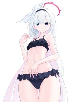 1girl absurdres aimo_wotku alternate_costume bikini black_bikini black_bow black_eyes black_hairband blue_archive blue_pupils blunt_bangs bow bow_bikini braid closed_mouth collarbone colored_inner_hair commentary cowboy_shot distorted_halo eyes_visible_through_hair fingernails foreshortening frilled_bikini frills from_below frown furrowed_brow hair_bow hair_over_one_eye hairband halo hand_on_own_stomach hand_up highres long_bangs long_hair looking_at_viewer mismatched_pupils multicolored_hair navel pink_hair plana_(blue_archive) red_halo red_pupils ruffle_bikini simple_background single_braid solo split_mouth stomach straight_hair swimsuit thigh_gap thighs two-tone_hair very_long_hair white_background white_bow white_hair