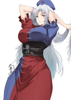 1girl absurdres blue_eyes blush breasts constellation constellation_print cowboy_shot cross dress grey_hair hat highres large_breasts long_hair looking_at_viewer multicolored_dress nurse_cap open_mouth red_cross sash signature smile solo touhou trigram very_long_hair white_background yagokoro_eirin yagoro_kusuriya