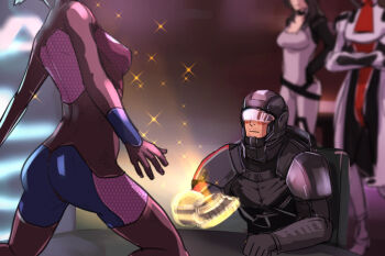 alien asari_(mass_effect) blush commander_shepard commander_shepard_(male) dakkun39 dancer mass_effect_(series) mass_effect_2 miranda_lawson mordin_solus n7_armor omnitool salarian tumblr