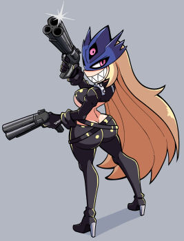 1girl ass beelstarmon belt black_belt black_gloves blonde_hair blue_mask breasts butt_crack commentary crop_top cropped_vest crossed_belts derringer digimon digimon_(creature) digimon_story:_time_stranger eye_mask from_behind full_body glint gloves grey_background grin gun handgun high_heels highres jacket kevin_arthur leather leather_jacket leather_pants long_hair looking_back mask multiple-barrel_gun multiple_belts pants pink_eyes sharp_teeth smile standing teeth tight_clothes tight_pants underboob vest weapon