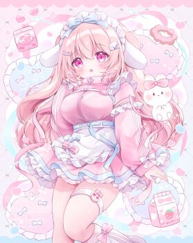 1girl animal_ears apron blush bow breasts character_name chiika_(cure_cherish) frills hair_ornament headdress highres jacket jersey_maid large_breasts long_hair long_sleeves looking_at_viewer maid maid_apron milk_carton name_tag open_mouth original pink_bow pink_eyes pink_hair pink_jacket pink_skirt rabbit skirt smile thigh_strap unconventional_maid white_apron yume_kawaii