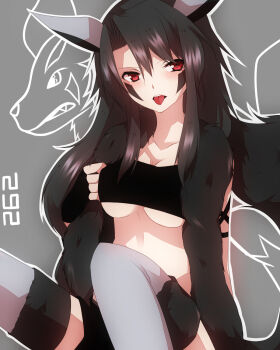 1girl :p animal_ears black_hair blush breasts creature_and_personification facial_mark gen_3_pokemon grey_thighhighs highres long_hair looking_at_viewer medium_breasts mightyena nintendo personification pokedex_number pokemon red_eyes strapless takeshima_eku thighhighs tongue tongue_out tube_top underboob zettai_ryouiki