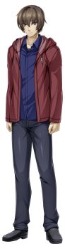 Rule 34 | 1boy, arms at sides, black pants, blue shirt, brown eyes, brown hair, casual, closed mouth, full body, game cg, hair between eyes, highres, hood, hooded jacket, hoodie, inoino, jacket, kouyoku senki exs-tia, large variant set, looking at viewer, male focus, non-web source, official art, open clothes, open jacket, pants, red jacket, shihou souma, shirt, shoes, short hair, solo, standing, tachi-e, transparent background, variant set