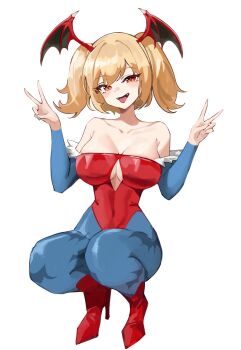 1girl absurdres bare_shoulders bat_wings blue_pantyhose boots breasts burnice_white cleavage collarbone commentary cosplay darkstalkers demon_girl double_v fangs head_wings high_heels highres large_breasts lilith_(darkstalkers) lilith_(darkstalkers)_(cosplay) open_mouth pantyhose ppangchil print_pantyhose red_boots red_eyes short_twintails simple_background smile solo squatting symbol-only_commentary twintails v white_background wings zenless_zone_zero