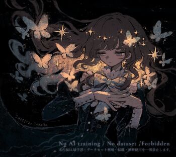 1girl artist_name black_background black_dress blue_bow blue_bowtie blue_eyes blue_nails blunt_bangs bow bowtie brown_hair bug butterfly colored_inner_hair dated dress earrings eyelashes fingernails insect jewelry juliet_sleeves long_hair long_sleeves looking_down mariko_(leda) multicolored_hair nail_polish original parted_lips puffy_sleeves solo star_(symbol) star_earrings watermark