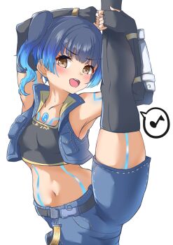 1girl armpits bare_shoulders belt blue_hair blush breasts brown_eyes crop_top cropped_jacket dark-skinned_female dark_skin fingerless_gloves gloves glowing glowing_hair highres medium_hair musical_note otama_(otama_ladle23) sena_(xenoblade) shorts sleeveless small_breasts standing standing_on_one_leg teeth upper_teeth_only white_background xenoblade_chronicles_(series) xenoblade_chronicles_3