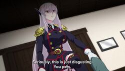 1boy 2girls animated anime_screenshot ass barefoot belt black_hair black_shirt black_skirt blue_eyes blush boots breasts feet footjob gloves headgear highres house large_breasts long_hair mato_seihei_no_slave military military_uniform multiple_girls open_mouth panties pants red_eyes shirt sidelocks skirt sound stepped_on subtitled tagme thigh_boots thighs underwear unworn_boots uzen_kyouka video wakura_aoba wakura_yuuki white_gloves white_hair white_panties