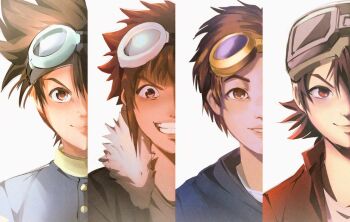 Rule 34 | 4boys, blue hoodie, blue shirt, brown eyes, brown hair, close-up, digimon, digimon adventure, digimon adventure 02, digimon frontier, digimon tamers, goggles, goggles on head, hood, hoodie, in-franchise crossover, kanbara takuya, male focus, matsuda takato, medium hair, motomiya daisuke, multiple boys, oh sorry 01, open mouth, shirt, short hair, simple background, smirk, white background, yagami taichi
