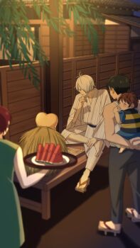 53cards absurdres ahoge bare_arms bare_shoulders black_hair blush board_game brown_hair carrying chanchanko_(clothes) child collarbone dress facing_back family father_and_son fence food fruit full_body gegege_no_kitarou geta green_dress grey_hair hand_on_another&#039;s_back hand_on_own_chin heart_shaped_head highres holding holding_food holding_fruit house japanese_clothes jinbei_(clothes) kimono kitarou kitarou_tanjou:_gegege_no_nazo konaki_jijii leaf long_skirt medama_oyaji_(human) mizuki_(gegege_no_kitarou) mother_and_son motion_blur neck night parted_bangs piggyback playing playing_games rooftop shogi short_hair sitting skirt sleeping sleeveless sleeveless_dress standing striped_clothes striped_kimono summer tank_top traditional_youkai very_short_hair watermelon watermelon_slice white_kimono white_tank_top wooden_fence yukata