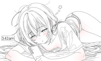 1girl arazand bed_sheet breasts cellphone cleavage collarbone dot_nose feet_out_of_frame frilled_panties frills highres long_hair looking_at_phone lying messy_hair monochrome on_stomach open_mouth original panties parted_lips phone shirt simple_background sleepy small_breasts smartphone solo spot_color thighs underwear white_background