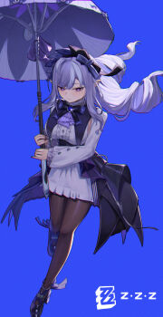 Rule 34 | 1girl, absurdres, blue background, breasts, brown pantyhose, closed mouth, commentary request, copyright name, highres, holding, holding umbrella, lechiennoir, long hair, long sleeves, looking at viewer, medium breasts, mole, mole under eye, pantyhose, purple eyes, purple hair, simple background, solo, umbrella, vivian banshee, zenless zone zero