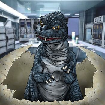 baby_animal baby_godzilla claws dinosaur egg fangs godzilla_(series) godzilla_vs._mechagodzilla_ii hatched_egg highres kaiju laboratory looking_at_viewer monster multicolored_eyes no_humans open_mouth orange_eyes pointy_ears satoru33 table toho tongue tongue_out tooth two-tone_eyes yellow_eyes