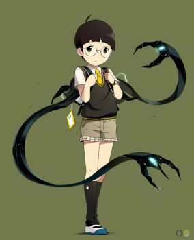 1boy backpack bag black_socks brown_hair child commentary_request frown full_body green_background green_eyes kneehighs looking_at_viewer male_focus necktie noeyebrow_(mauve) original randoseru school_uniform science_fiction shoes shorts simple_background socks solo standing sweater_vest treize_(mauve) yellow_necktie