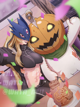 1girl :d abs arm_up axe beelstarmon belt black_belt black_coat black_pants black_vest blonde_hair blue_mask breasts coat commentary_request confetti couch cropped_vest digimon digimon_(creature) dutch_angle eye_mask food gloves green_scarf halloween happy_halloween highres indoors jack-o&#039;-lantern_head large_breasts leather leather_pants lipstick long_hair looking_at_viewer makeup mask monster mont_blanc_(food) navel on_couch open_mouth outstretched_arm pants plate pumpmon purple_eyes purple_lips scarf selfie sidelocks sitting smile stomach table teeth third_eye tight_clothes tight_pants underboob upper_teeth_only vest wata_neji watermark zipper