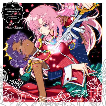 2girls absurdres aiguillette arm_around_back bindi blue_eyes border chaahan_(0421_han2) commentary dark-skinned_female dark_skin dress epaulettes flower glasses highres himemiya_anthy human_scabbard multiple_girls pink_hair pink_lips purple_hair red_dress rose shoujo_kakumei_utena signature sleeveless sleeveless_dress tenjou_utena white_border white_flower white_rose