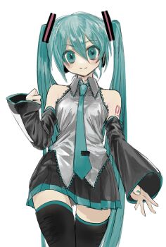 1girl artist_request bare_shoulders black_boots black_skirt black_sleeves blue_eyes blue_hair blue_nails blue_necktie blush boots breasts clenched_hand closed_mouth collared_shirt cowboy_shot detached_sleeves fingernails grey_shirt hair_between_eyes hair_ornament hand_up hatsune_miku headphones highres long_fingernails long_hair long_sleeves looking_at_viewer nail_polish necktie number_tattoo pleated_skirt shirt simple_background skirt sleeveless sleeveless_shirt small_breasts smile solo standing tattoo thigh_boots tie_clip twintails very_long_hair vocaloid white_background wide_sleeves