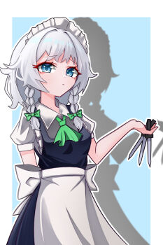 Rule 34 | 1girl, 2934527737, :|, absurdres, apron, ascot, back bow, between fingers, black dress, blue background, blue eyes, border, bow, braid, braided sidelock, closed mouth, commentary, dress, green ascot, green bow, grey hair, hair bow, hair flaps, highres, holding, holding knife, izayoi sakuya, knife, knives between fingers, looking at viewer, maid, maid apron, maid headdress, outline, outside border, pinafore dress, puffy short sleeves, puffy sleeves, shadow, shirt, short sleeves, simple background, sleeveless, sleeveless dress, solo, touhou, twin braids, white apron, white border, white outline, white shirt
