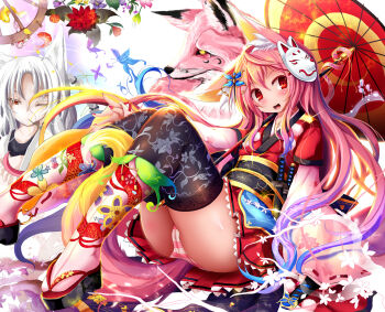 1girl animal animal_ears black_thighhighs blonde_hair blue_hair blush bug butterfly butterfly_hair_ornament fish flower fox fox_ears fox_mask fox_tail goldfish hair_ornament hairpin highres insect japanese_clothes kimono long_hair long_sleeves mask mask_on_head multicolored_hair multicolored_tail nagai_wataru nail_polish one_eye_closed open_mouth original panties pink_hair plant print_legwear purple_hair red_eyes sandals short_sword sitting smile striped_clothes striped_panties sword tail thighhighs umbrella underwear very_long_hair weapon white_hair yellow_eyes yukata